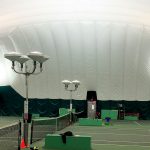 LED Indirect tennis lighting on stands Oak Bay Tennis Bubble